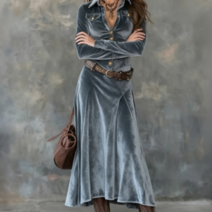 Dames maxi overhemdjurk met velourslook - afbeelding 4