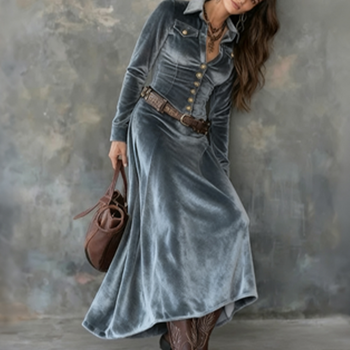 Dames maxi overhemdjurk met velourslook - afbeelding 5