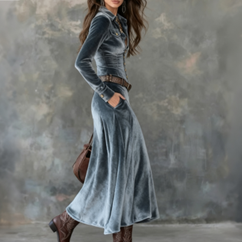 Dames maxi overhemdjurk met velourslook - afbeelding 8