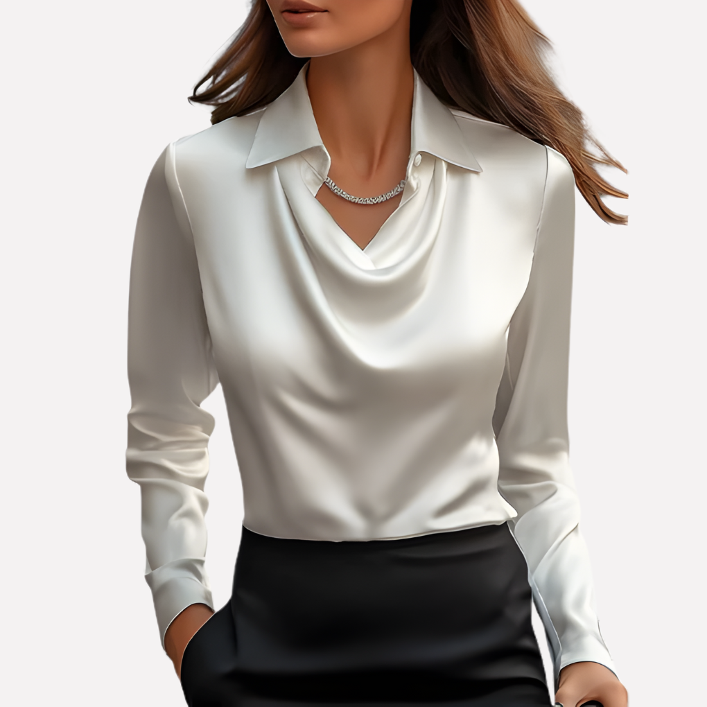 Dames satijnen blouse met gedrapeerde halslijn