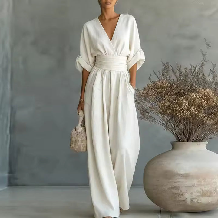 Dames jumpsuit met V-hals en wijde pijpen
