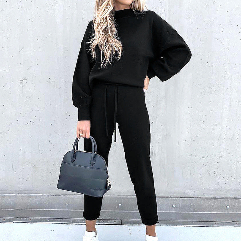 Dames Zachte Lounge Set Met Ronde Hals Trui En Joggingbroek in Zwart